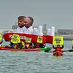 More than 70 activists from 17 countries together with Greenpeace Belgium participate in the blockade of  the Zeebrugge LNG terminal in Belgium with the Witness, kayaks, and a 10-meter-long inflatable structure. They protest against Europe’s dependence on fossil gas, most of which comes from Russia and the US. They demand that the EU commit to fully phasing out fossil gas by 2035 and banning all new fossil fuel projects.