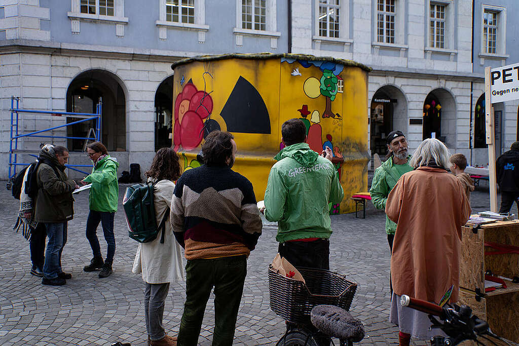 Huge Nuclear Waste Barrel Stands in Langenthal, Switzerland. © Marc Meier / Greenpeace Huge Nuclear Waste Barrel Stands in Langenthal, Switzerland. © Marc Meier / Greenpeace