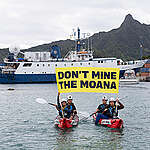 Cook Island activists peacefully confront the Nautilus at Rarotonga port, holding banners reading ‘Don’t Mine The Moana’ as it returns from a 21-day deep sea exploration expedition visiting sites in the mineral exploration areas licensed by the Cook Islands authorities, who are consistently supporting the development of deep sea mining.  

The research being conducted on the Nautilus is funded by the National Oceanic and Atmospheric Administration (NOAA) Ocean Exploration Cooperation Institute. and comes just six months after President Donald Trump signed an Executive Order tasking NOAA to fast track the licensing process for deep sea mining.