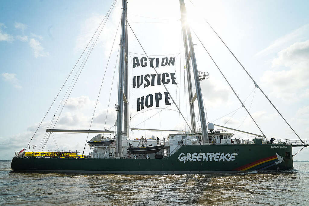 Greenpeace Ship Rainbow Warrior Arrives in Belém for COP30. © Filipe Bispo / Greenpeace Greenpeace Ship Rainbow Warrior Arrives in Belém for COP30. © Filipe Bispo / Greenpeace