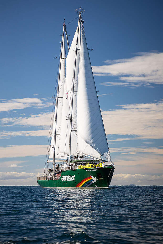 The Rainbow Warrior arrives in Auckland, New Zealand, for the 40th anniversary of the bombing of the original Rainbow Warrior in Auckland by French Government agents in 1985. The Greenpeace flagship has just returned from taking action on bottom trawling on the Chatham Rise off New Zealand's East Coast. &copy; Bryce Groves / Greenpeace
