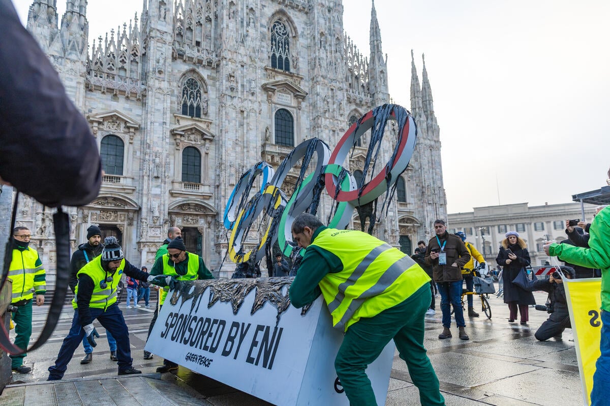 Greenpeace Italy unveils Olympic rings leaking oil in Milan to call out fossil fuel sponsorship of Winter Games