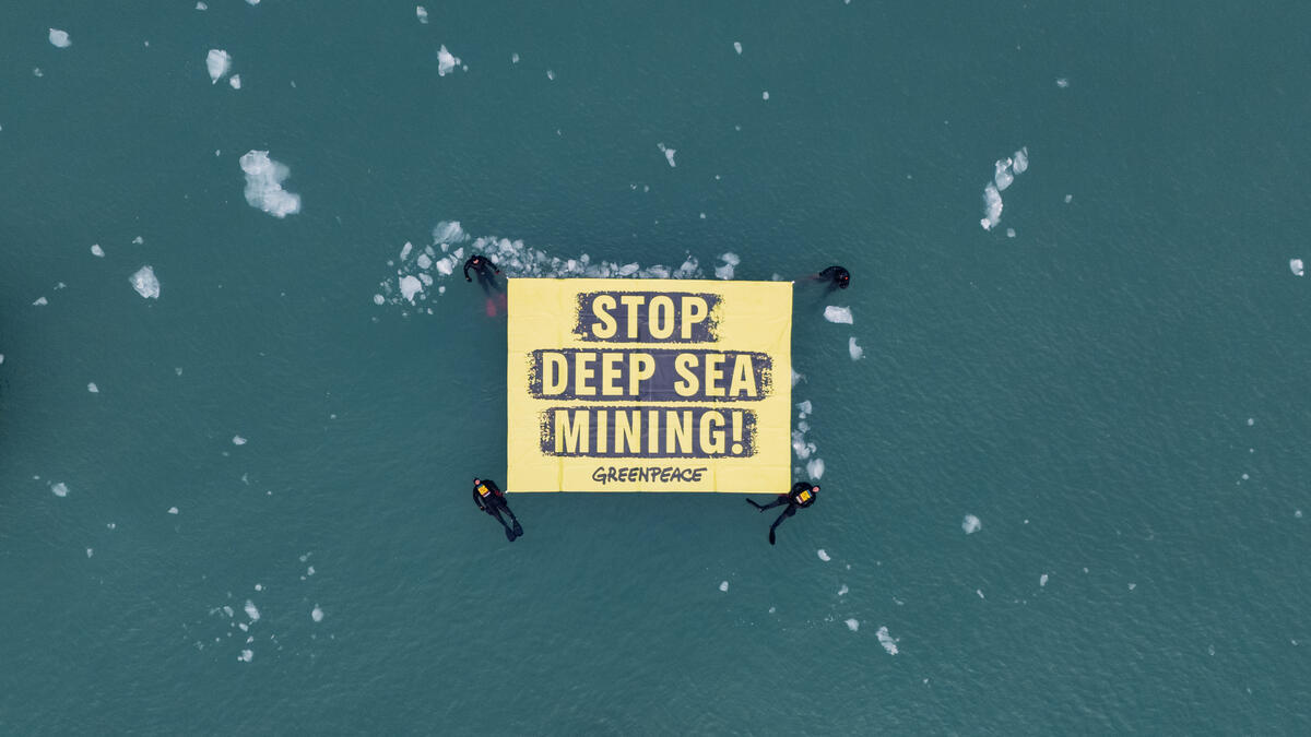 Activists Place a Banner to 'Stop Deep Sea Mining' in the Arctic. © Greenpeace / Bianca Vitale Activists Place a Banner to 'Stop Deep Sea Mining' in the Arctic. © Greenpeace / Bianca Vitale