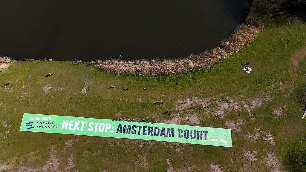 Energy Transfer, Next Stop: Amsterdam Court - Banner in Amsterdam (Drone Image). &copy; Greenpeace