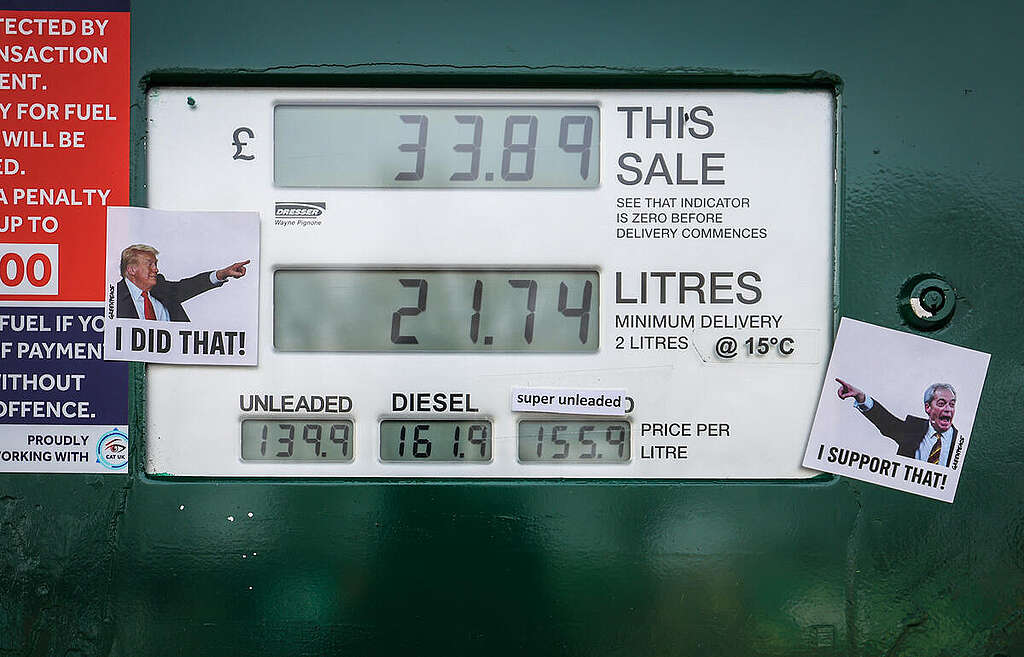 Activists Target Petrol Pumps at Farage's Garages in UK Three Greenpeace UK activists visit all nine petrol stations in Clacton, the main town in Nigel Farage's Essex constituency, and decorate the pumps with stickers showing Trump claiming responsibility for the high pump prices, and Farage expressing his support. Each pump has received two stickers. One shows Trump pointing at the price ticker on the pump, says 'I did that!'. The other shows Farage pointing at the same spot and says 'I support that!'.