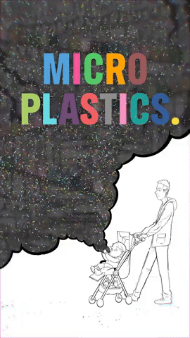 Animation of parent pushing a stroller with a baby. The baby is sucking from a baby food pouch. Text: Microplastics suck. Animation of parent pushing a stroller with a baby. The baby is sucking from a baby food pouch. Text: Microplastics suck.