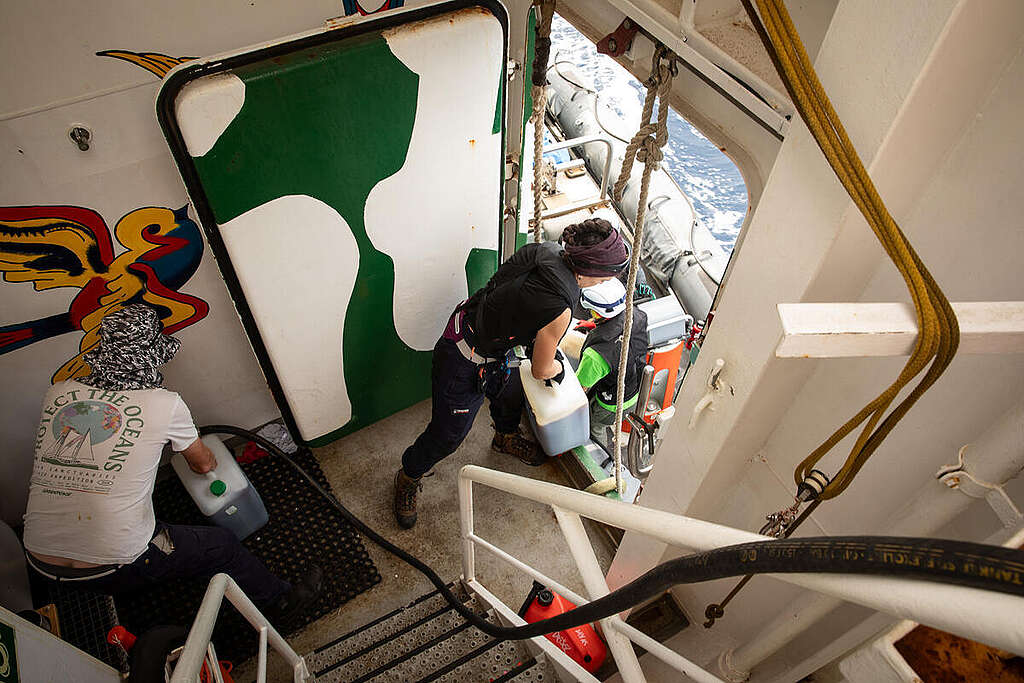First Support to Boats after Flotilla was Seized during the night. © Max Cavallari / Greenpeace