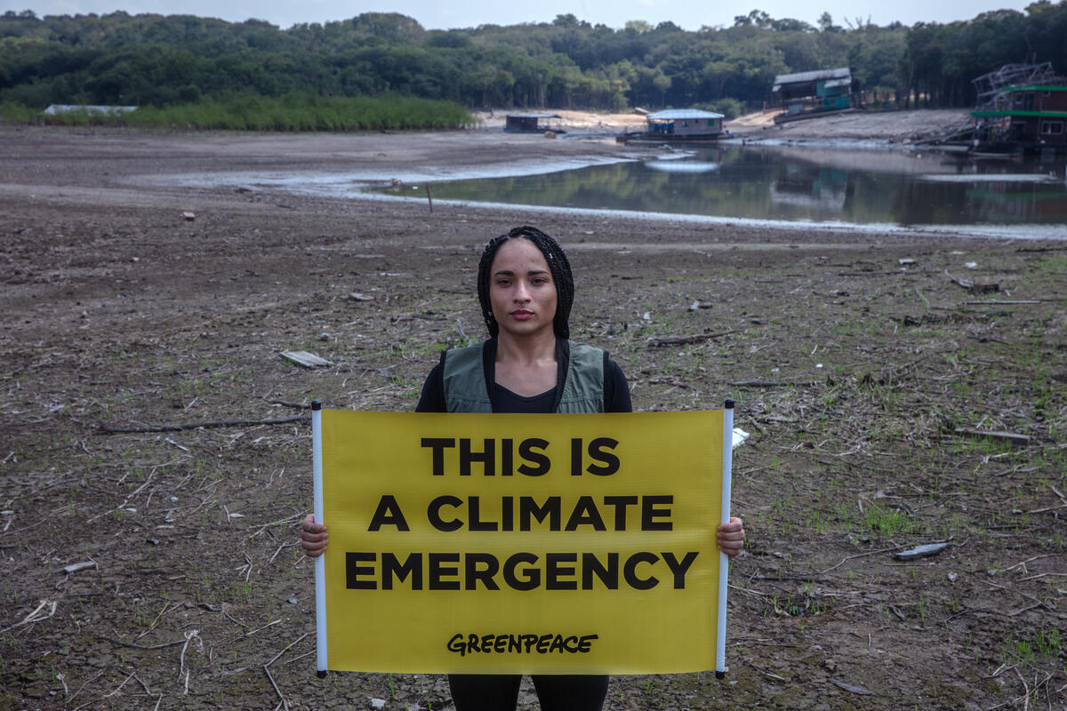 Drought in the Amazon in Brazil Greenpeace activist holds banner with message