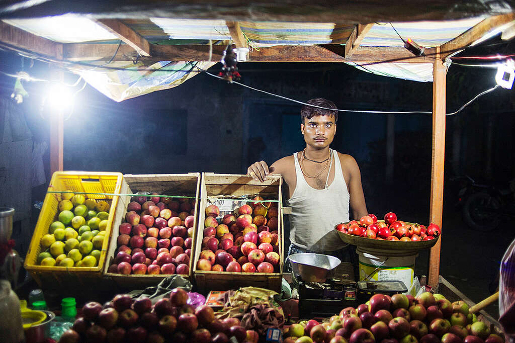 Rural Electrification in India A fruit and vegetable vendor in front of his stall, Tamkuha and Sitapur regions, rural India.