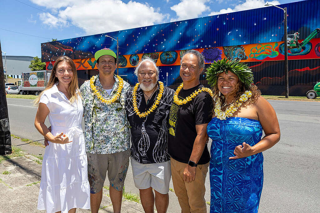 Hawaii Mural Artwork From left: Angéla Árvai ~ Project Manager. Artwork of KaiKanaka Maoli mural artist Kaiʻili KaulukukuiSolomon