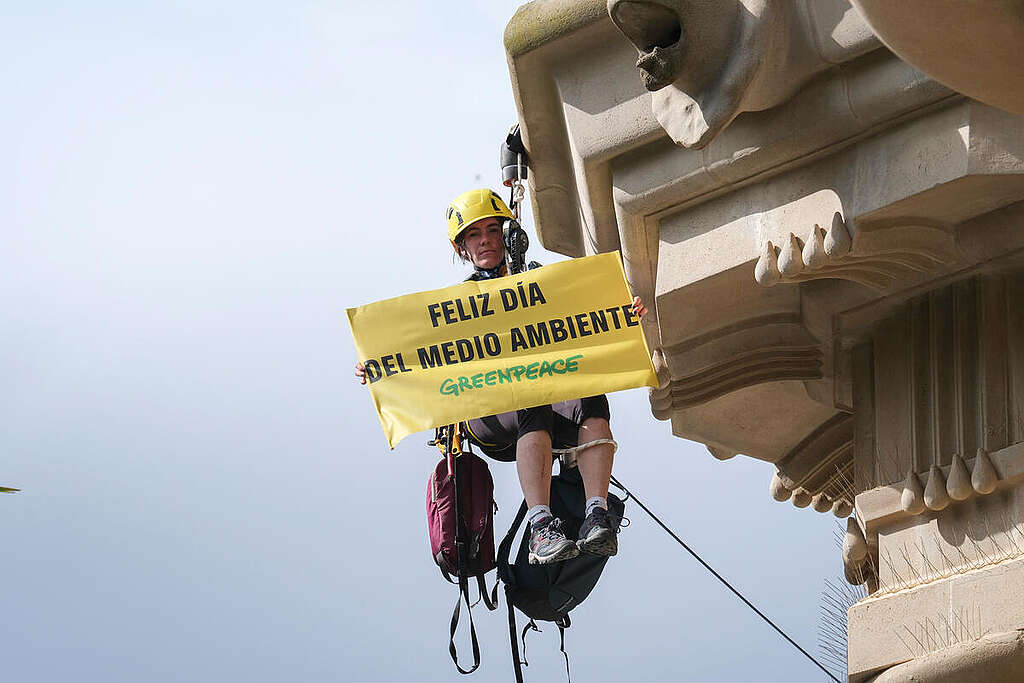 Action in Barcelona for Environment Day, 5th June 2026 To mark World Environment Day, which is celebrated today, 5 June, Greenpeace activists have unfurled a giant cartoon in Barcelona’s Park Güell, created by the illustrator Flavita Banana, which reads: “And politically speaking, are you more into environmentalism or death and destruction?”
