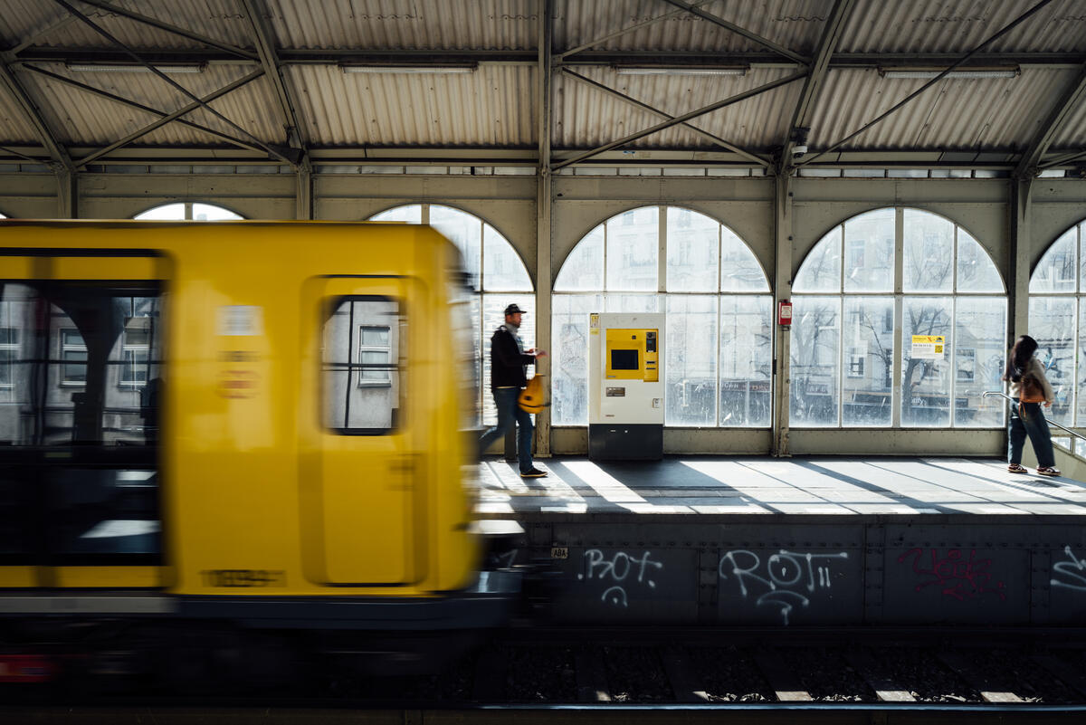 Public transport scenery in Berlin during rush hour on a work day.