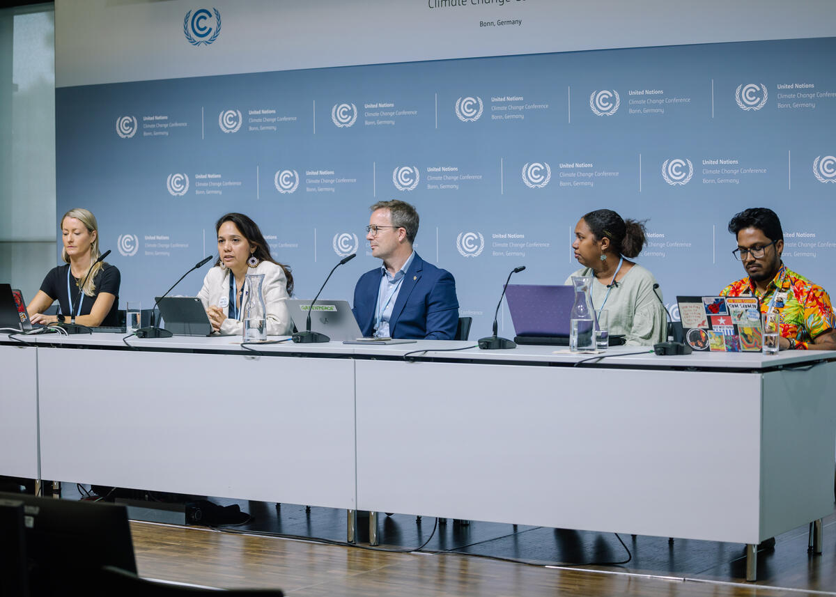 Bonn Climate Change Conference 2026 - Greenpeace Press Conference Greenpeace held at press conference at the June Climate Meetings (SB64) together with the Republic of the Marshall Islands and Pacific Islands Students Fighting Climate Change to launch a new report outlining a Pacific-led vision for the just transition away from fossil fuels grounded in Pacific values and three decades of frontline leadership.Speakers from left to right:-Kate O'Callaghan, facilitator-Tina Stege, Republic of the Marshall Islands Climate Envoy-Dr Simon Bradshaw, COP31 Lead and report author, Greenpeace Australia Pacific-Belyndar Rikimani, Campaigns and Research Lead, Pacific Islands Students Fighting Climate Change-Shiva Gounden, Head of Pacific, Greenpeace Australia Pacific