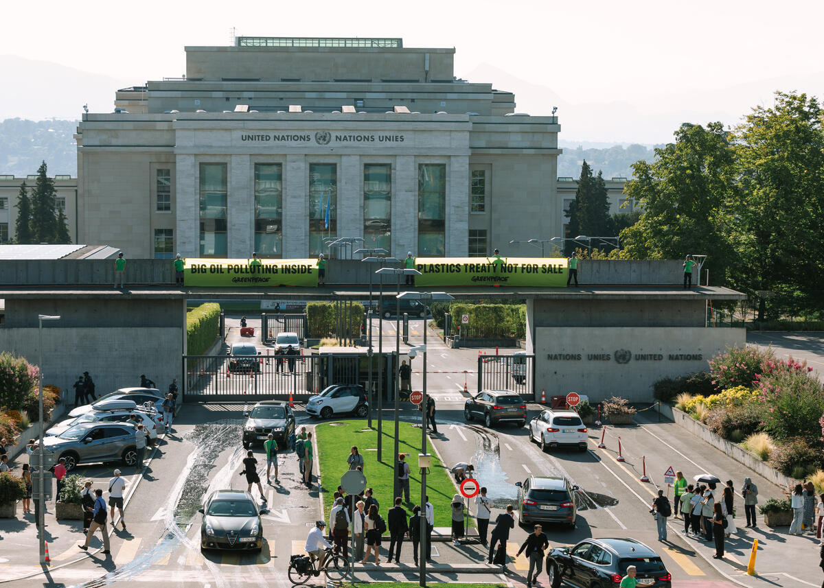 As world governments meet in Geneva for the Global Plastics Treaty Talks, Greenpeace activists create a symbolic trail of black oil and hang massive banners on the entrance of the Palais des Nations to call out the undue influence of the fossil fuel industry in the negotiations.The action highlights attempts by fossil fuel lobbyists and oil producing states to prevent countries agreeing to cut plastic production as a core part of the new treaty.