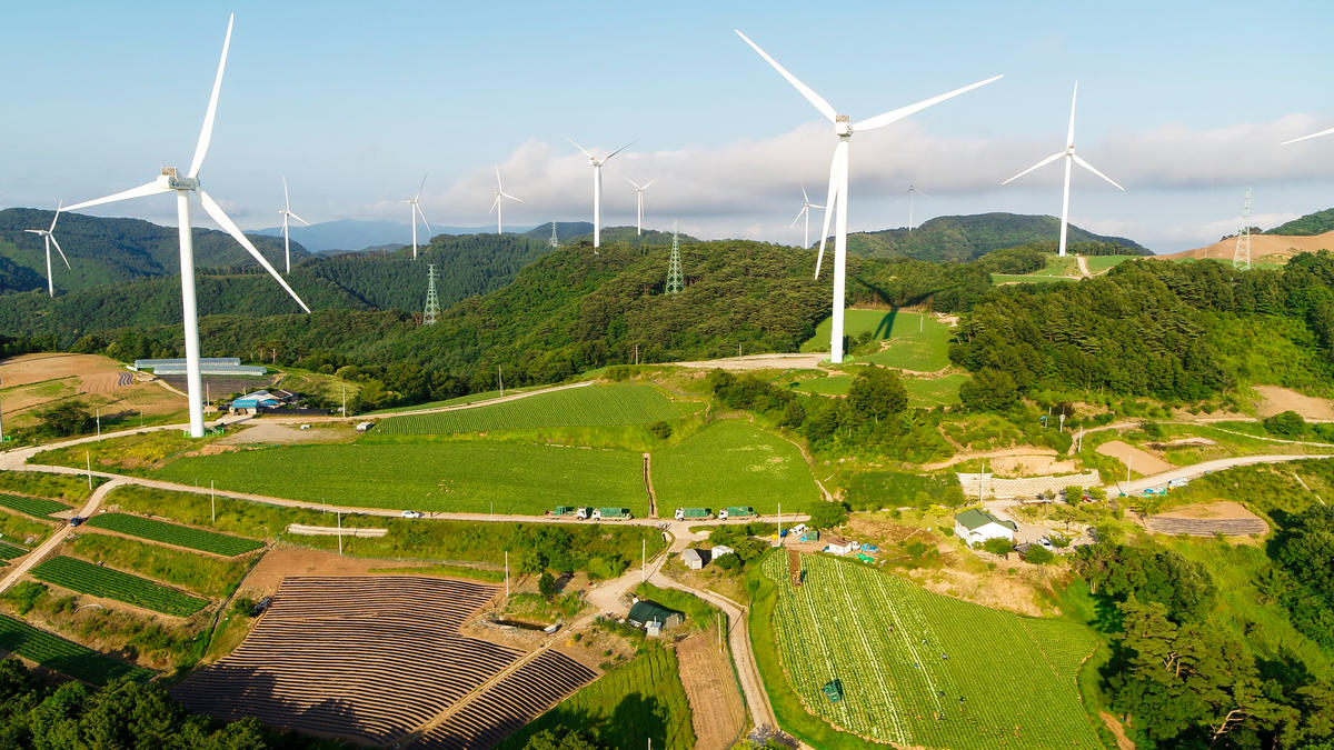 Aerial image of windfarm in Yeongyang-gun, Gyeongsangbuk-do. It is the 3rd largest wind farm in South Korea and is forecasted to produce 134GWh electricity per year.