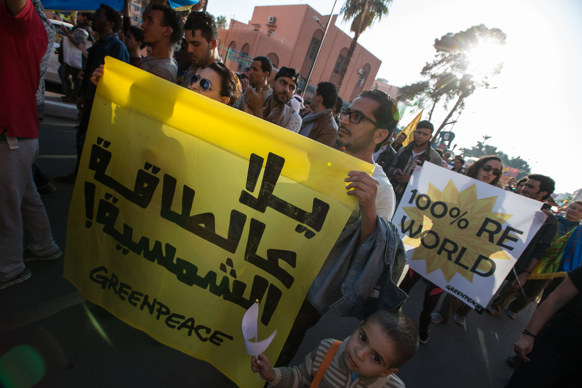 Climate March for COP22 in Marrakech Greenpeace calls for greater use of solar power in the Arab World, while participating in the Climate march. Greenpeace members are among thousands of people taking part of the Marrakech march to call for action during the COP22 UN climate negotiations in the first ever mass demonstration on climate in Morocco and the first ever in the Arab world during a COP climate conference.