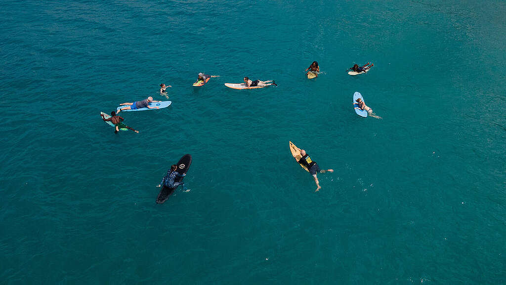 Greenpeace International, the Deep Sea Conservation Coalition plus other organisations and allies join a 'paddle out' at Jamnesia Surf School near Kingston, Jamaica. To call for the protection of the deep sea and to stop deep sea mining before it starts.