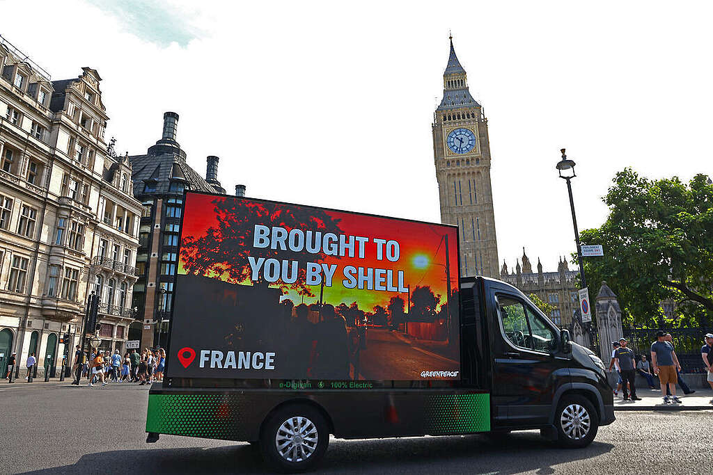 As Shell announces record profits an electric advan outside Big Ben at Westminster is showing images of the damage caused by wildfires across Europe. The images raise awareness that the biggest polluters continue to profit while ordinary people bear the brunt of the costs of these climate disasters. It’s time to hold Shell accountable and demand they pay for the damage they’ve caused.