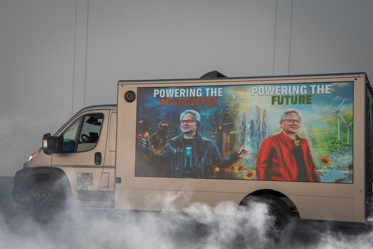 Protest at NVIDIA GTC Conference in San José, California On the opening day of Nvidia's GTC (Global Technology Centers) conference, Greenpeace USA drove a triple-billboard truck to deliver a direct message to CEO Jensen Huang: 'Hey Jensen, your graphics processors that are fuelling the AI boom are overheating. So is the planet.' The installation presented two radically different paths for the tech giant: 'Power the apocalypse' by continuing to rely on fossil fuels, or 'Power the future