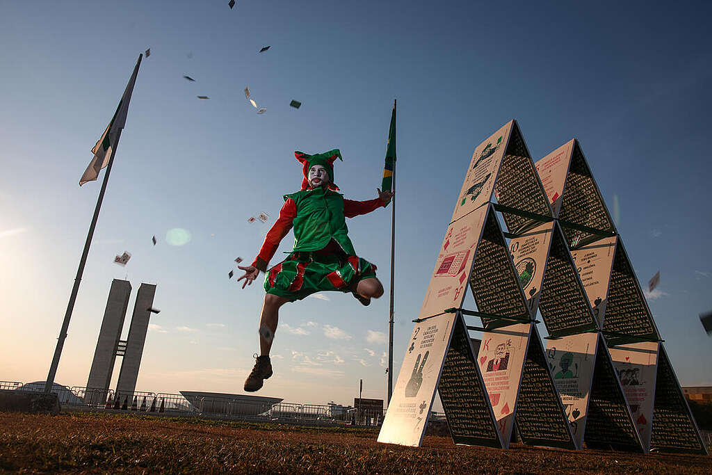 2026 Brazilian Elections - A group of activists from Greenpeace Brazil built a House of Cards in front of the National Congress in Brasília to draw attention to the importance of the Senate vote for the 2026 Elections. The activity was part of the