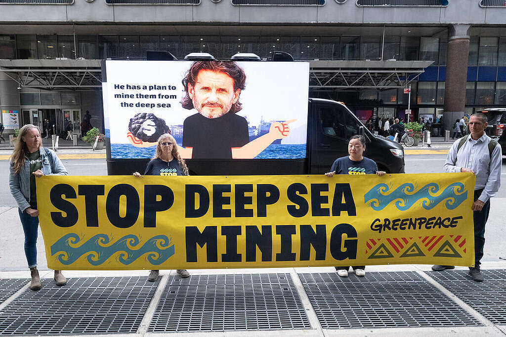 NY Times Climate Forward Billboard Truck Message A Greenpeace digital billboard truck circles The New York Times building during Climate Forward, calling out TMC CEO Gerard Barron's ties to the Trump administration and his bid to sell deep sea mining as a climate solution. TMC is seeking to bypass the International Seabed Authority and fast-track U.S. permits through the Trump administration, even though deep sea mining has not been proven necessary or safe.