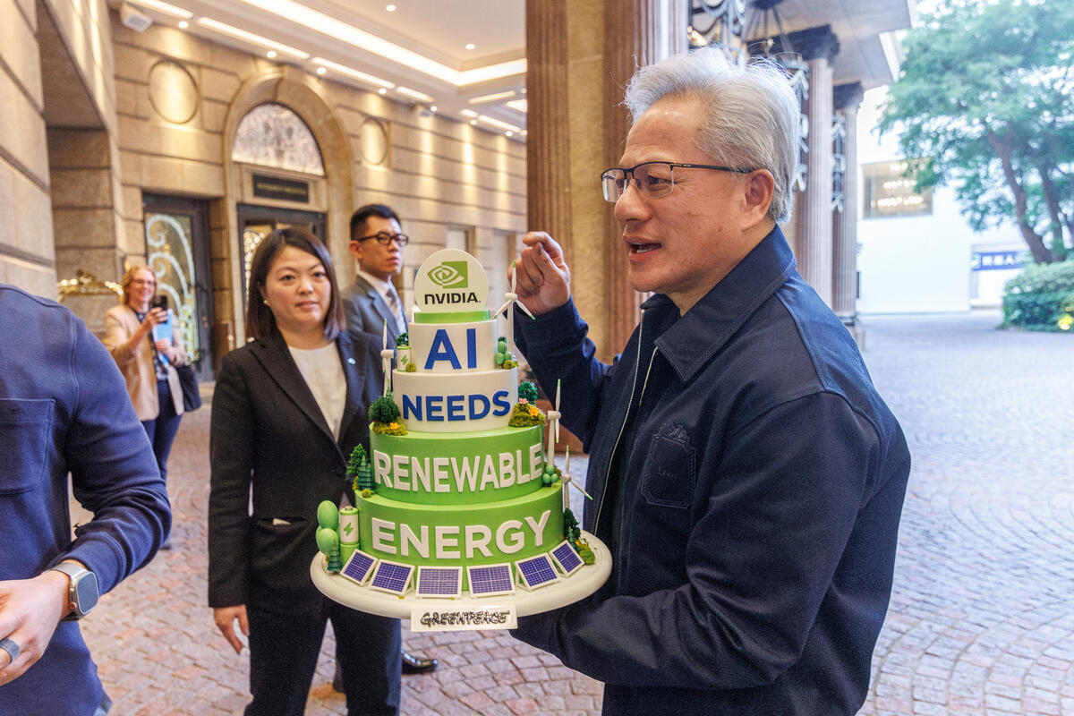 Activists Confront NVIDIA CEO with Call for Supply Chain Decarbonization in Taipei As US semiconductor giant NVIDIA kicks off its GTC AI conference in Taipei, Greenpeace East Asia activists confronted CEO Jensen Huang face-to-face, demanding that the AI chip leader and its billionaire founder take responsibility for the soaring energy demands and carbon emissions across its supply chain, especially in the East Asian manufacturing hub Taiwan where most of its hardware is produced.