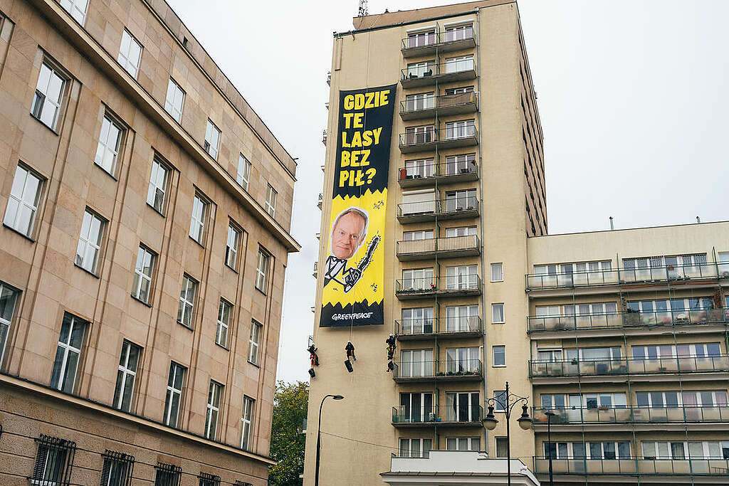 On October 15, 2026, on the anniversary of the Polish parliamentary election, a huge banner was hung on the building opposite the Civic Platform headquarters. It depicts Prime Minister Donald Tusk holding a saw alongside the text 