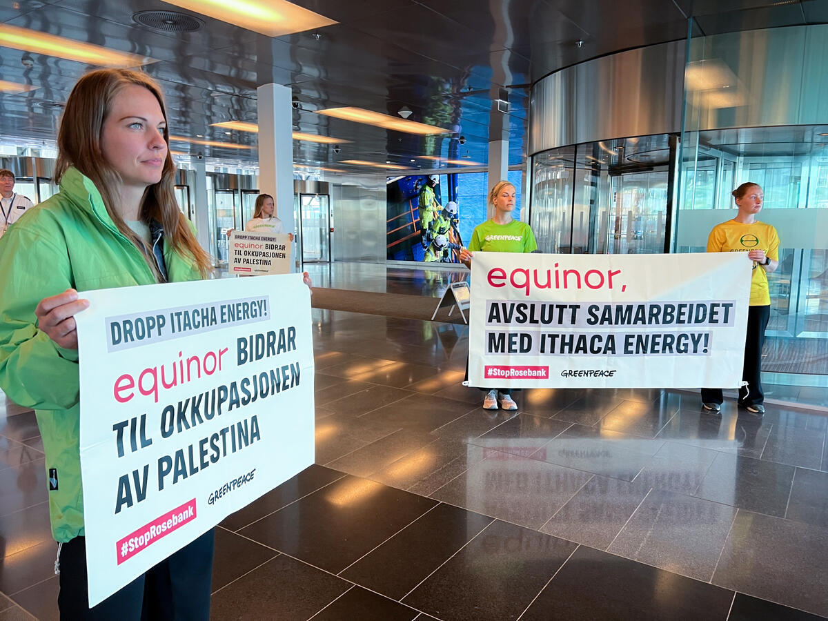 Protest at Equinor Office in Norway Greenpeace Nordic activists occupy the lobby of Equinor's offices in Norway.The action is a protest against Equinor's contribution to the illegal occupation of Palestinian territories through their cooperation with the Israeli-owned energy company Ithaca Energy. Greenpeace demands that Norway's state-owned oil company, Equinor, immediately end its partnership with Ithaca Energy, a subsidiary of the Israeli energy company Delek Group.