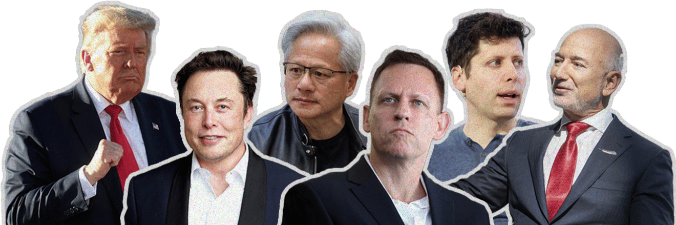 From left to right are Donald Trump, Elon Musk, Jensen Huang, Peter Thiel, Sam Altman, and Jeff Bezos. From left to right are Donald Trump, Elon Musk, Jensen Huang, Peter Thiel, Sam Altman, and Jeff Bezos.