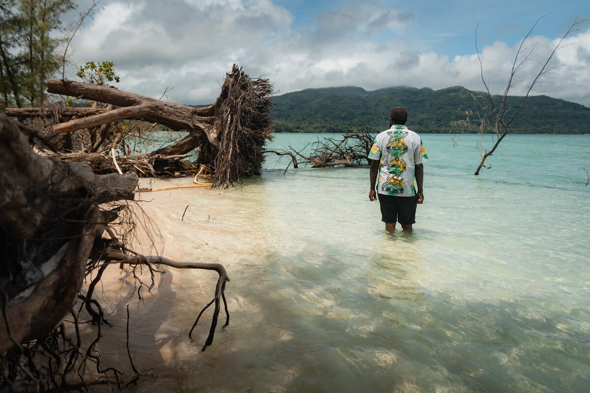 Coastal Erosion on Kakula Island A local man observes coastal erosion on Kakula Island.