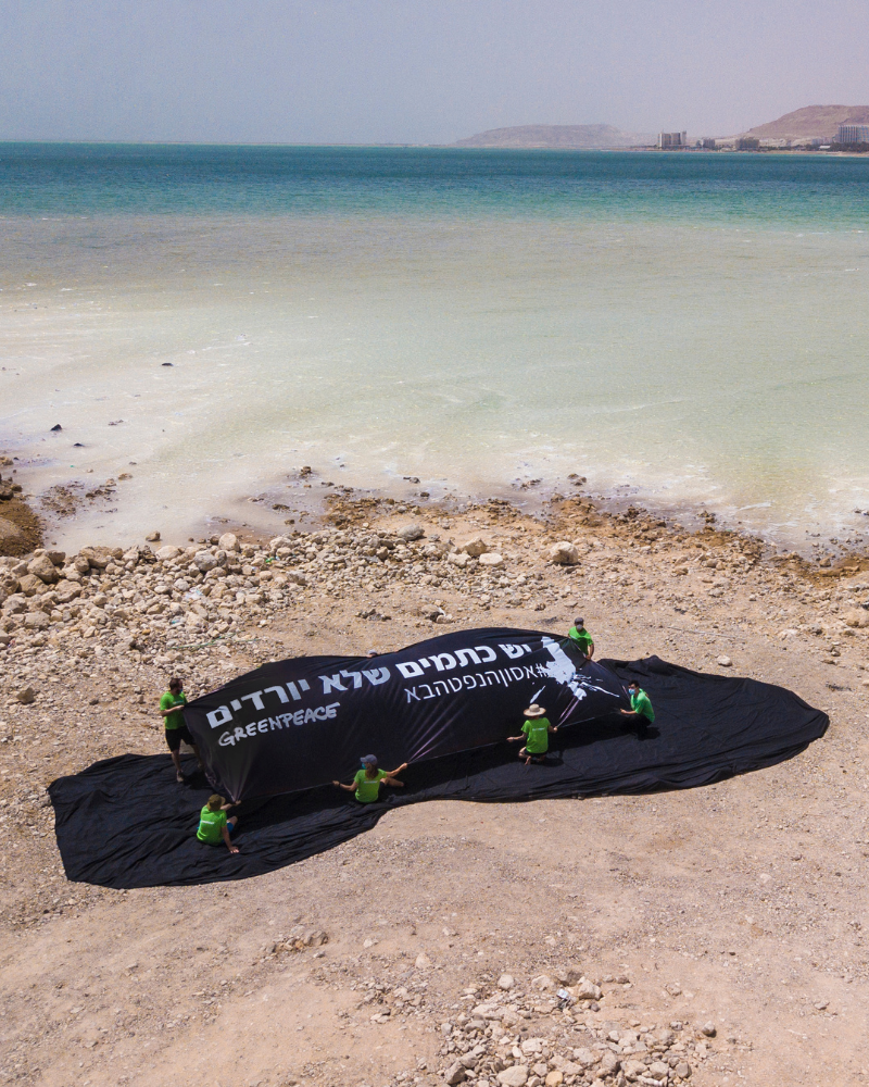 שישה פעילי גרינפיס עם חולצות ירוקות מחזיקים שלט שחור גדול עם הכיתוב ״יש כתמים שלא יורדים״ על רקע ים המלח.