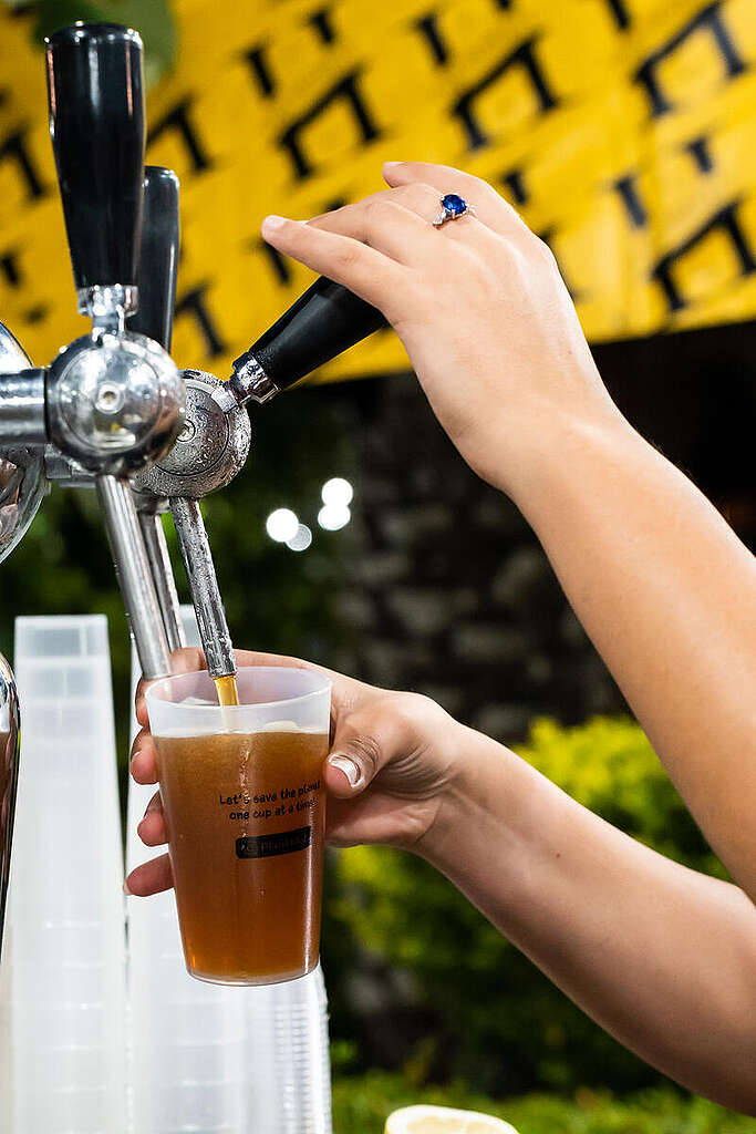 ידיים של ברמנית מוזגות בירה לכוס פלסטיק רב-פעמית.