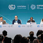 Jasper Inventor, Martin Kaiser, Fred Njehu, Camila Jardim on press conference panel.
The 29th UN Climate Conference, COP29, takes place in Baku, Azerbaijan, from 11 to 22 November 2024. Greenpeace is at the COP to hold governments to account to make fossil fuel polluters pay for the climate crisis they have created, and put fossil fuel phase out plans at the heart of national climate action.