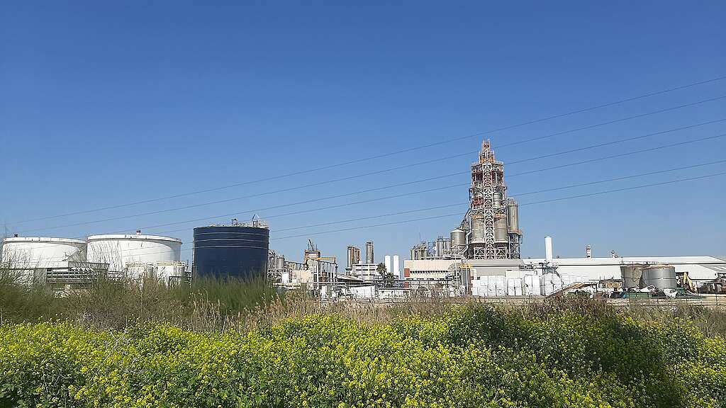 מפעל פטרוכימי במפרץ חיפה ולפניו שדה של חרדלים צהובים.