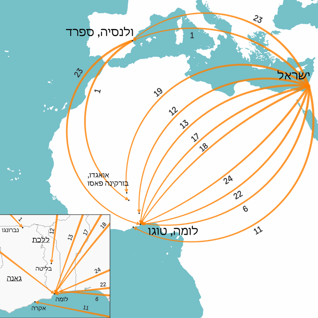 מפה מאויירת שמראה את המסע אותו עברו בגדים משומשים מישראל לאפריקה. 