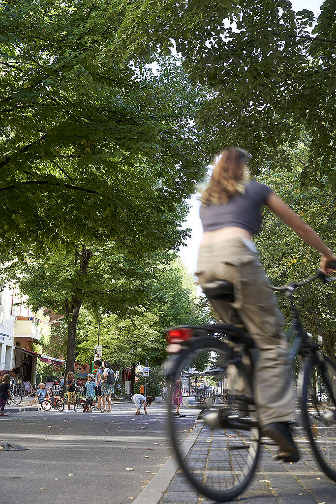 אישה רוכבת על אופניים מתחת לעצים גדולים ברחוב.