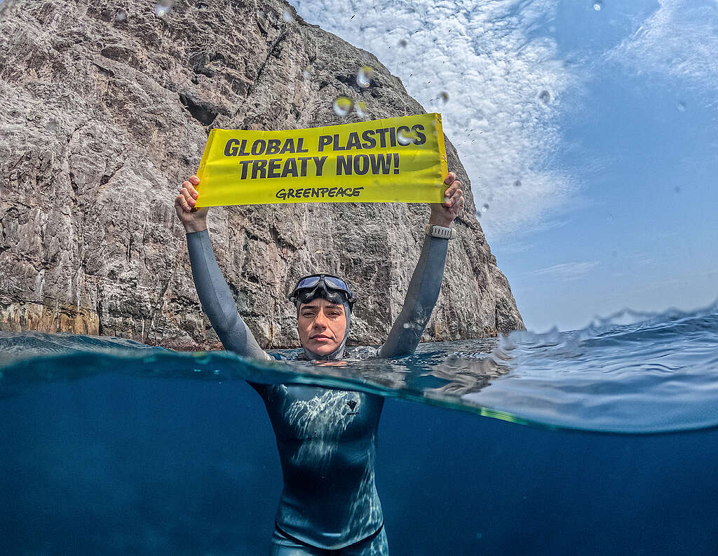 שחיינית בחליפת צלילה צפה בים ומחזיקה שלט צהוב עליו כתוב ״אמנת פלסטיק גלובלית עכשיו!״.