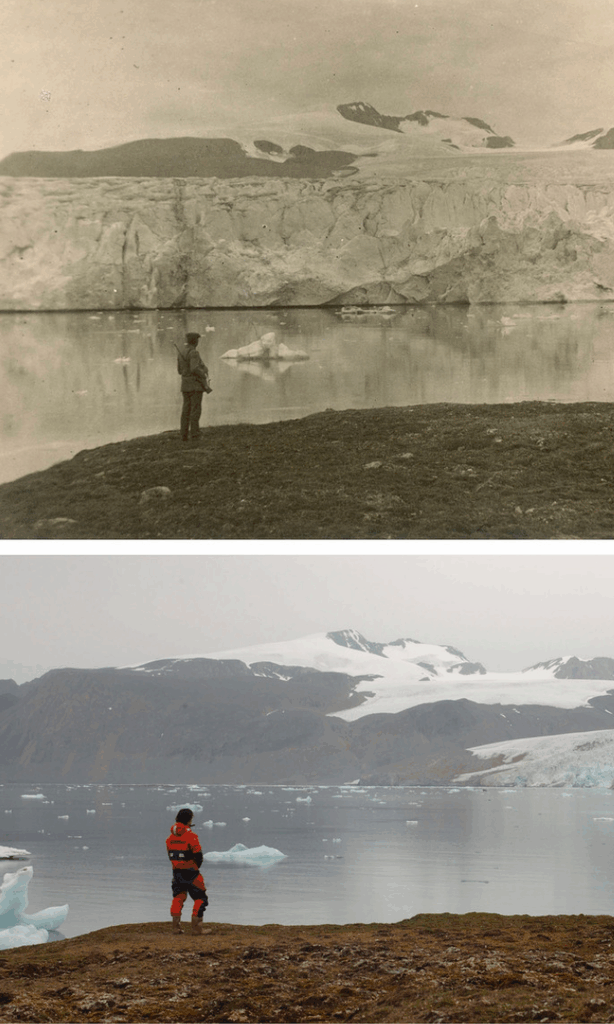 שתי תמונות זהות זו מעל זו של גבר עומד ומסתכל קרחונים. התמונות צולמו בהפרש של כ-100 שנה ובעליונה יש קרחונים ובתחתונה אין