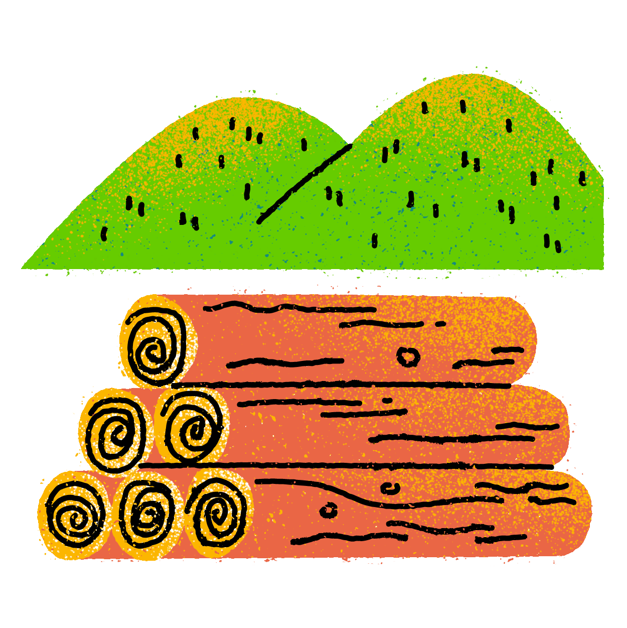 איור של בולי עץ כרותים לצד גבעות ירוקות עם גדמים רבים