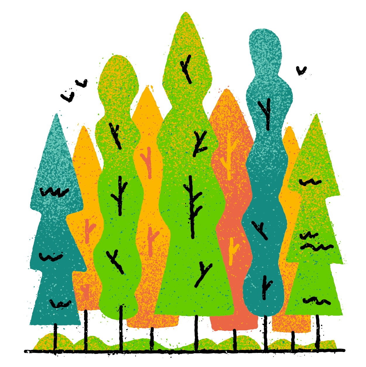 איור של עצים גבוהים עם ציפורים