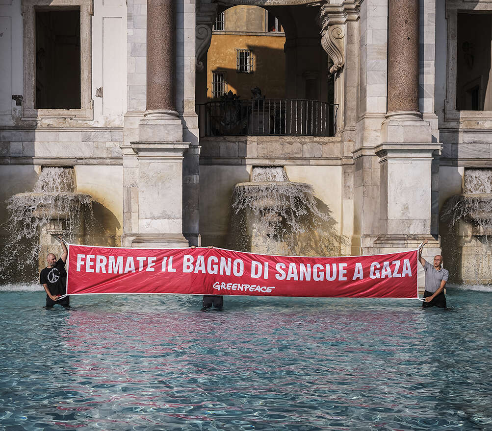 Attivisti e attiviste di Greenpeace Italia protestano nella vasca della fontana del Gianicolo a Roma contro la strage in corso a Gaza.
