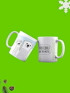 Tazza in ceramica bianca con illustrazione di un orso polare e scritta "Stay cool, save the Artic"