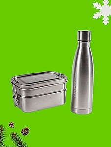 Kit con portapranzo in acciaio con doppio scomparto e chiusura laterale con fibbie e borraccia-thermos in acciaio da 500 ml.