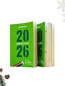 Agenda per il pianeta 2026 di Greenpeace con copertina verde e scritte in verde scuro.