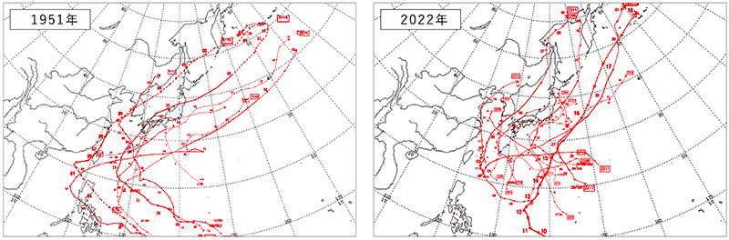 1951年と2022年に日本に接近した台風の軌道