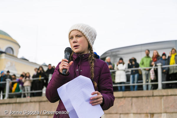 스웨덴의 기후변화활동가 16살 그레타 툰베리(Greta Thunberg).