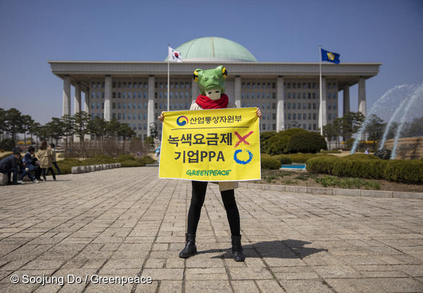 그린피스 활동가가 국회의사당에서 기업 전력구매계약(PPA) 제도 도입을 촉구하고 있다.