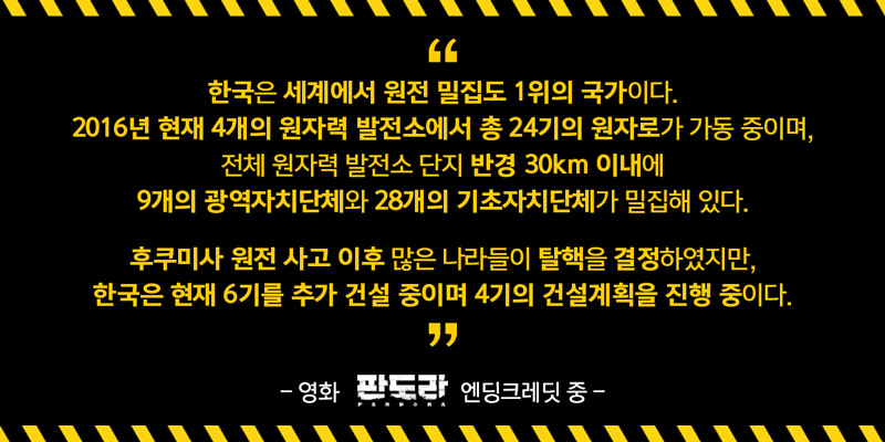 한국은 세계에서 원전 밀집도 1위의 국가이다. 2016년 현재 4개의 원자력 발전소에서 총 24기의 원자로가 가동 중이며, 전체 원자력 발전소 단지 반경 30km 이내에 9개의 광역자치단체와 28개의 기초자치단체가 밀집해 있다. 후쿠미사 원전 사고 이후 많은 나라들이 탈핵을 결정하였지만, 한국은 현재 6기를 추가 건설 중이며 4기의 건설계획을 진행 중이다.