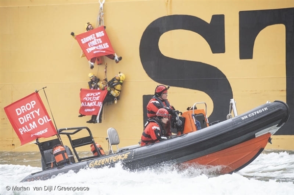 그린피스 네덜란드사무소의 활동가들이 로테르담항에서 팜유를 운반하는 185m 길이의 케미컬탱커를 막아서는 평화적 직접행동을 펼치고 있습니다.