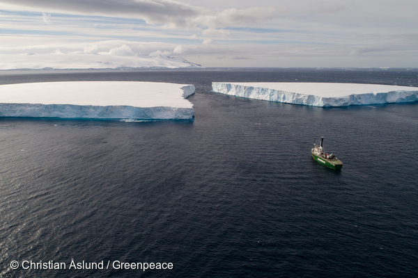 남극 빙하와 그 앞에 있는 그린피스 아틱선라이즈호